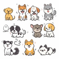 Fototapeta premium Cute dogs set, pet animal symbols, hand drawn puppy icons silhouettes, funny dog character drawings