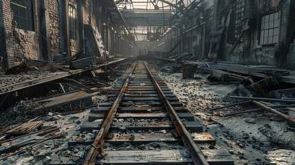 An abandoned industrial hall with destroyed railway tracks and burnt rubble, creating a dark, post-apocalyptic atmosphere and an image of the fall of civilization.