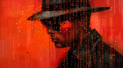 Cybernetic Investigator in Shadowy Digital Landscape:A Photographic Collage of Mysteries,Guns,and Metallic Textures