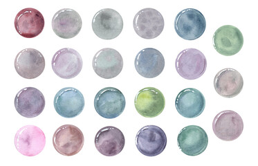 Set of translucent bubbles. Polka dots as planets or undersea bubble. Circle in different colors. Creative minimalist style. Splashes round doodle spot, brush stroke, stain. Watercolor illustration