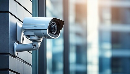 close-up of a security camera on the wall of a modern business bulding on the street, copy space