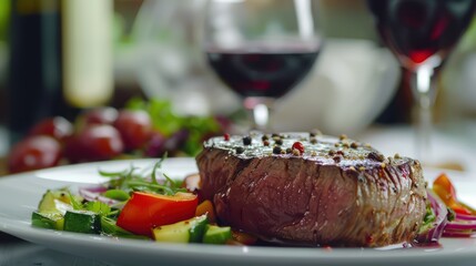 Juicy sliced ​​steak with vegetable salad and a glass of red wine. Food Photography