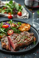 Juicy sliced ​​steak with vegetable salad and a glass of red wine. Food Photography