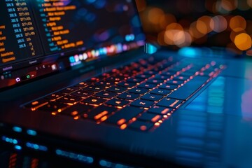 Fototapeta premium Close laptop glowing keyboard