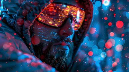 Futuristic Hacker Surrounded by Vibrant Digital Code and Chaotic Neo-Dada Elements