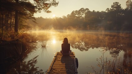 Eine junge Frau beim Yoga am See mit Nebel am Sonnenaufgang.