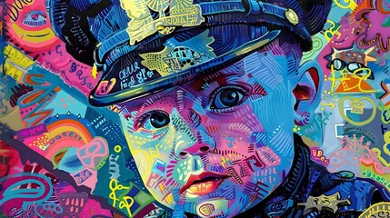 Fototapeta premium Imaginative Police Officer Infant Investigating in Vibrant Pop Art Mixed Media Style