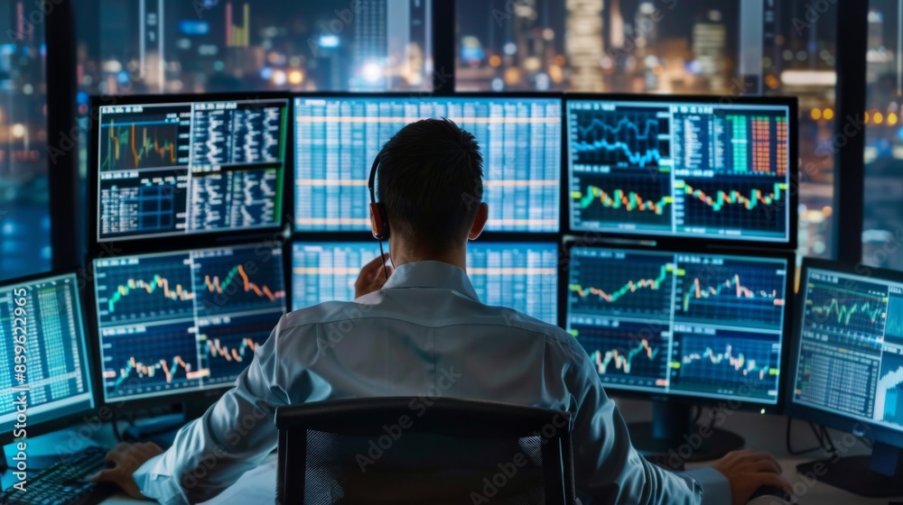Fototapete a trader monitoring stock market movements on multiple computer screens, reacting swiftly to changes
