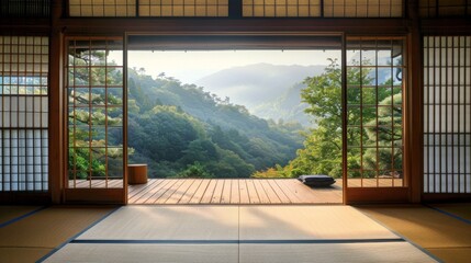 Fototapeta premium A traditional Japanese ryokan with tatami floors and sliding doors, offering a serene and authentic retreat
