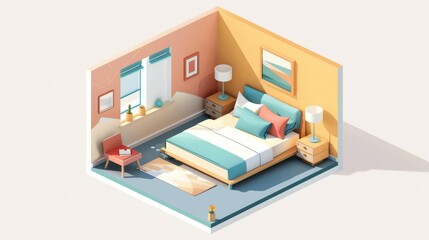 Cozy isometric bedroom interior with bed, chair, and decor.