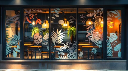 Stylishly Adorned Restaurant Window Enhances Inviting Ambiance with Trendy Decorative Stickers and Vibrant Tropical Foliage