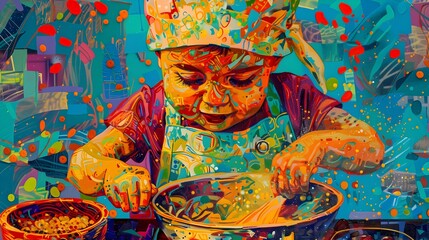 Fototapeta premium Surreal Pop Art of a Skillful Infant Cook in Action with Vibrant Textures and Playful Creativity