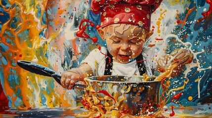 Fototapeta premium Surreal Pop Art of an Infant Chef in Vibrant Action with Mixed Media Mastery