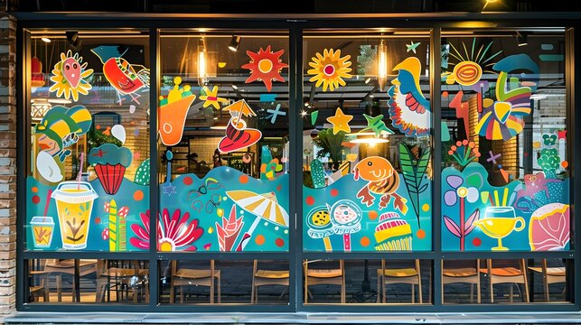 Trendy Restaurant Window Adorned with Decorative Stickers,Enhancing the Vibrant and Inviting Ambiance
