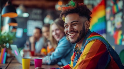 Smiling man in a colorful office with a rainbow flag, representing LGBTQ pride, diversity, inclusivity and teamwork ideal for commercial use professional settings, and collaborative work environments
