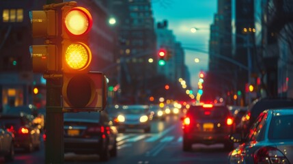 Fototapeta premium A traffic light in the evening glow, illuminating the road as cars pass underneath, creating a vibrant urban scene