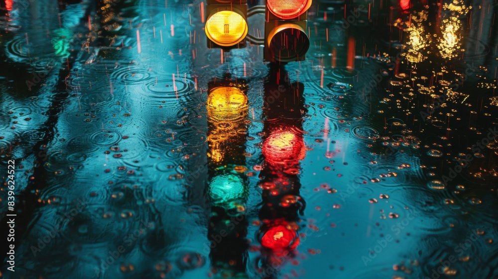 Aufkleber A traffic light reflected in a rain-soaked street, with colorful reflections adding an artistic touch to the scene