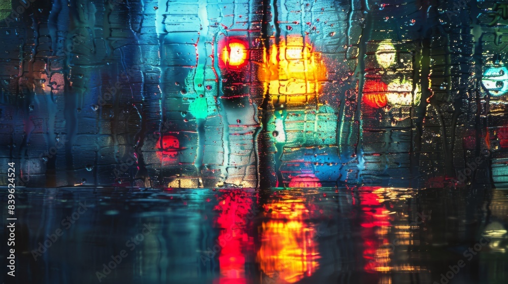 Poster A traffic light reflected in a rain-soaked street, with colorful reflections adding an artistic touch to the scene