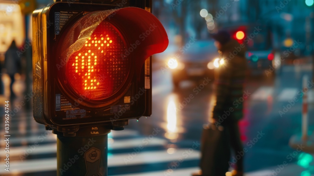Poster A traffic light with a countdown timer for pedestrians, indicating the time remaining to safely cross the street