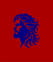 bearded man with longhair logo (blue on red background)