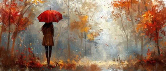 Woman Walking Through Autumn Forest With Umbrella