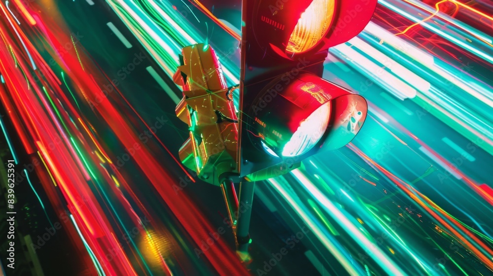 Poster a traffic signal changing from red to green, captured in motion with streaks of light as vehicles pa
