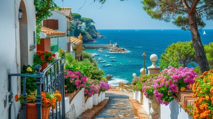 Scenic coastal town in spain adorned with colorful flowers and stunning ocean views