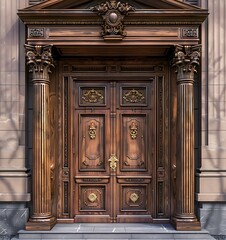 Wooden double doors with decorative carvings on the frame, front view