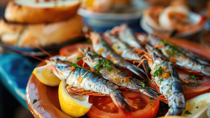 Fototapeta premium Appetizing spanish tapas with anchovies and shrimp close-up in the restaurant of San Sebastian, Donostia, Spain