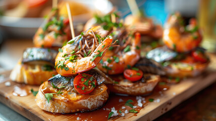 Fototapeta premium Appetizing spanish tapas with anchovies and shrimp close-up in the restaurant of San Sebastian, Donostia, Spain