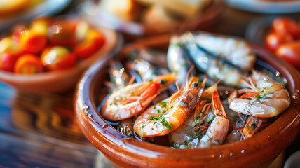 Fototapeta premium Appetizing spanish tapas with anchovies and shrimp close-up in the restaurant of San Sebastian, Donostia, Spain