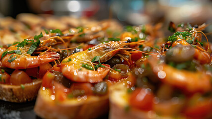 Fototapeta premium Appetizing spanish tapas with anchovies and shrimp close-up in the restaurant of San Sebastian, Donostia, Spain