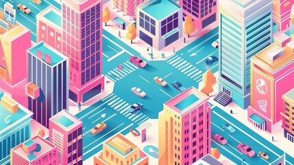 Isometric view of a city intersection with buildings, cars, and pedestrians.
