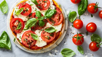 A vegetarian pizza topped with slices of ripe tomatoes, mozzarella cheese, and fresh basil leaves, a delicious and healthy option