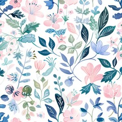 A pastel pink, blue and green floral pattern on a white background