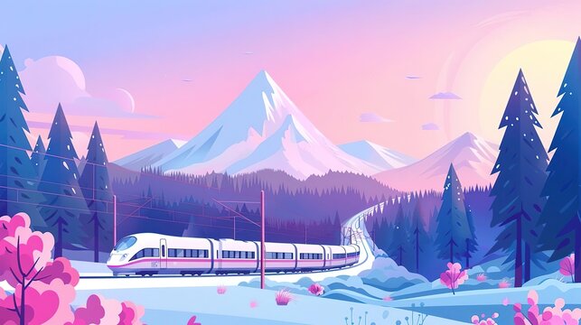 A high-speed train travels through a scenic winter landscape, passing by a snow-capped mountain and a forest of fir trees.
