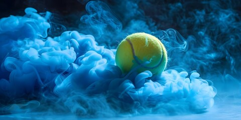 Abstract tennis ball in blue smoke clouds creative sport banner background. Concept Tennis Ball, Abstract, Blue Smoke Clouds, Creative, Sport Banner