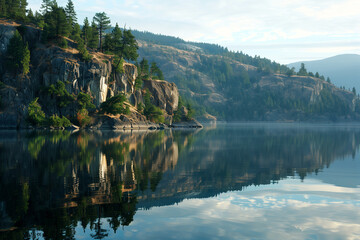 Obraz premium A calm evening at a mountain lake, the water's surface reflecting the surrounding cliffs and evergreen trees with perfect clarity.