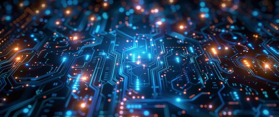 Naklejka premium Illuminated Circuit Board With Blue and Orange Lights