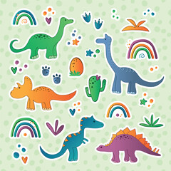 Set of  cartoon stickers with lovely dinosaurs characters. Dino colorfull print for kids decor. Vector illustration set.