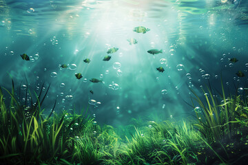 Obraz premium A calm subaquatic environment with flowing seaweed, softly shimmering marine life, and tranquil bubbles rising silently through the water.