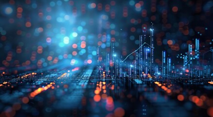 Fototapeta premium Abstract Digital Cityscape With Upward Trending Graphs and Data