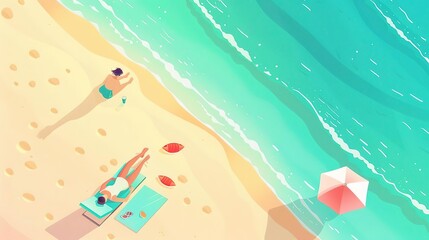 Naklejka premium Aerial view of a beach with two people relaxing on the sand.