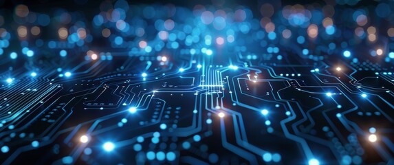 Obraz premium Abstract Circuit Board With Blue Lights and Bokeh