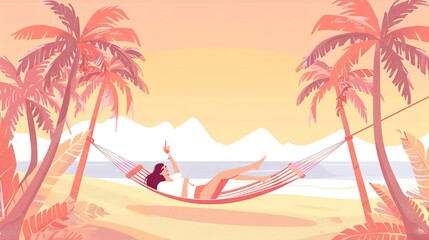 Woman relaxing in hammock on tropical beach.