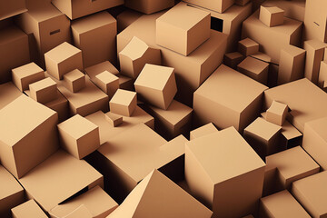 Cardboard boxes pile in warehouse, concept of online shopping and environmental impact