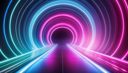 Techno Portal: Futuristic Neon Tunnel with Moving Pink, Blue, and Green Waves