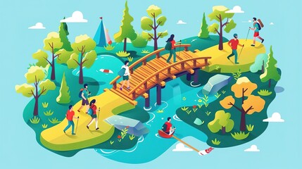 Naklejka premium Isometric illustration of people enjoying outdoor activities in a park with a wooden bridge, river, and trees.