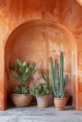 Rustic Wooden Doorway With Cactus Plants and Stone Patio in Front of a Spanish-Style Home