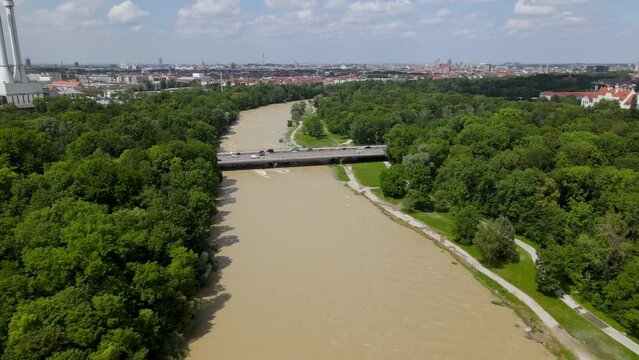 Aerial of flood in Munich Bavaria, Flaucher Steg, 4d drone, Bridge over Isar, torrent, overflow, flooding